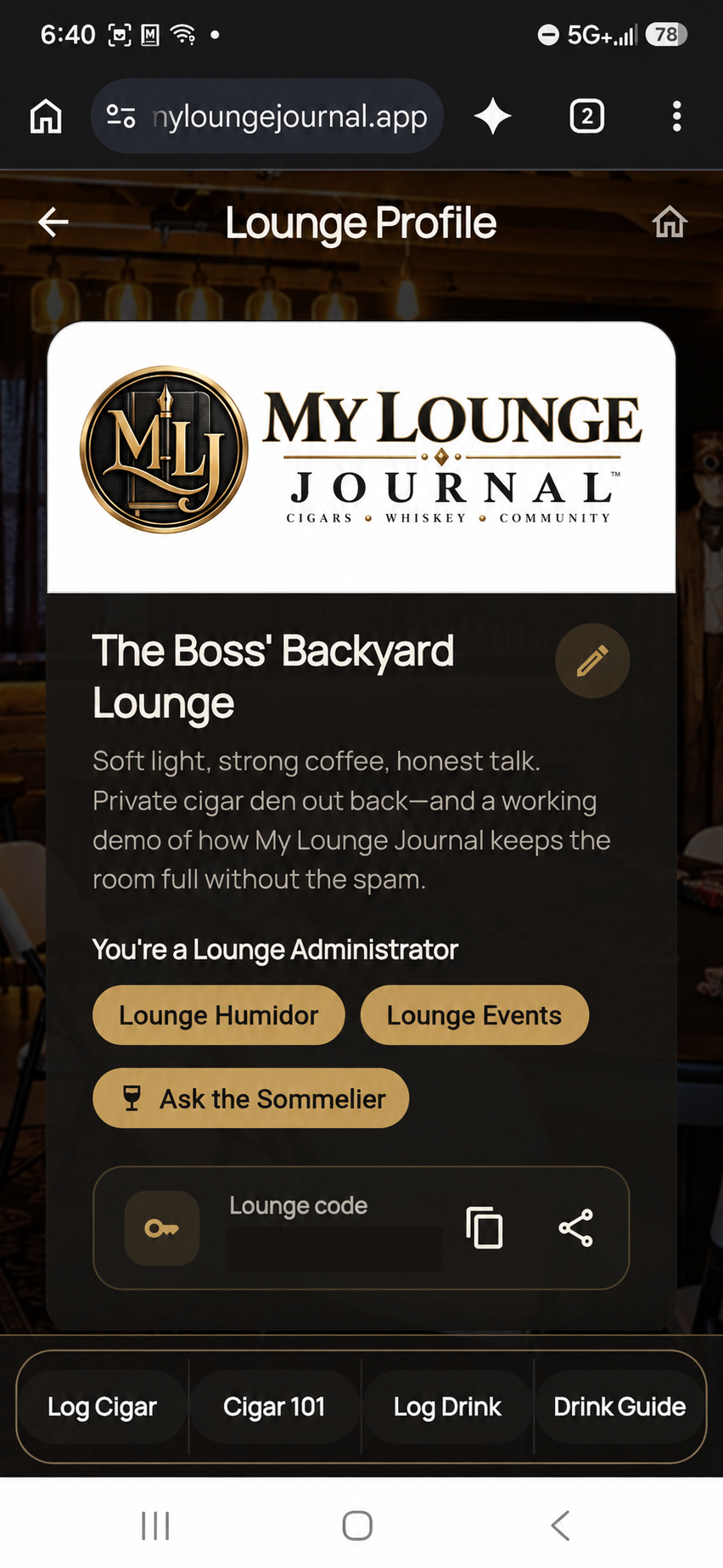 Lounge profile for The Boss’ Backyard Lounge with its details and administrator tools; the lounge code is hidden.