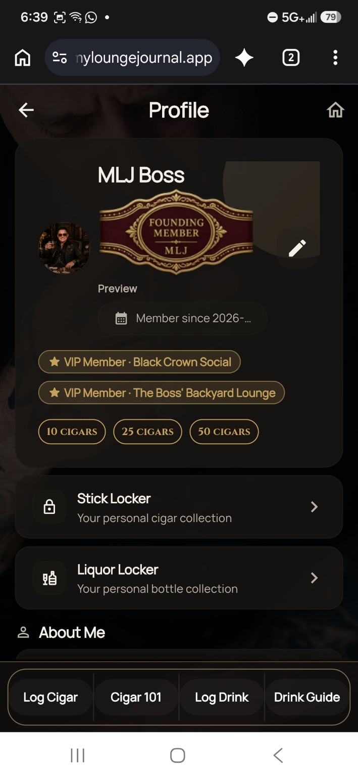 My Lounge Journal member profile with Founding Member recognition and cigar and bottle lockers.