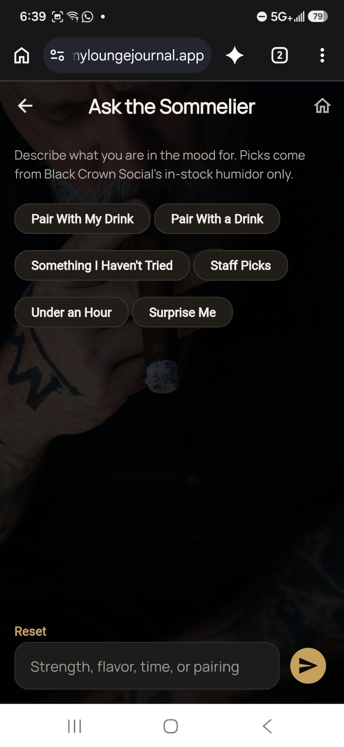 Ask the Sommelier screen with drink pairing, staff pick, time, and surprise filters.